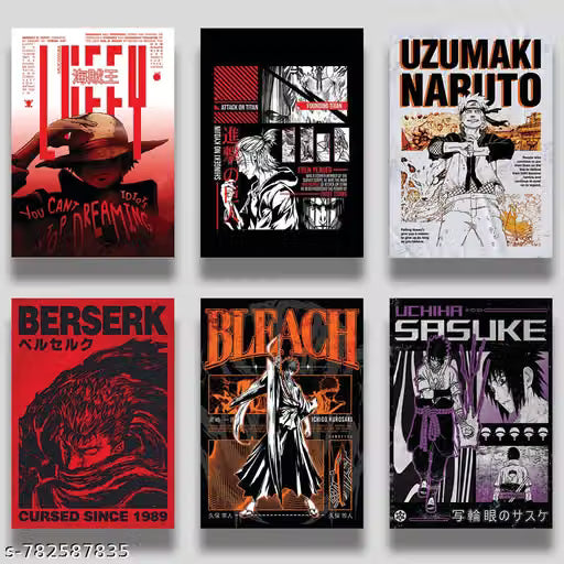 Multi-Anime Motivational Wall Poster Set – Pack of 6 A4 Art Prints (300 GSM) with Free Glue Dots