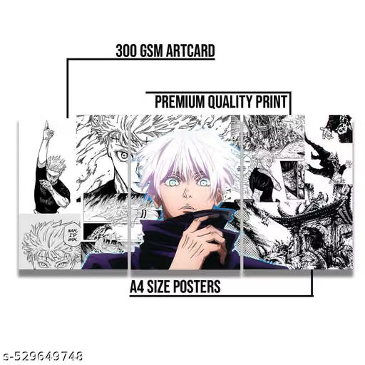 Jujutsu Kaisen Satoru Gojo Wall Poster Set – Pack of 3 A4 Art Prints (300 GSM) with Free Glue Dots