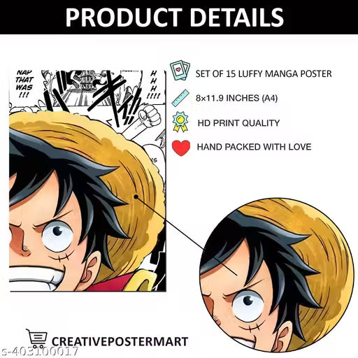 One Piece Monkey D. Luffy Poster Set – Pack of 15 A4 Manga & Anime Wall Prints (300 GSM)