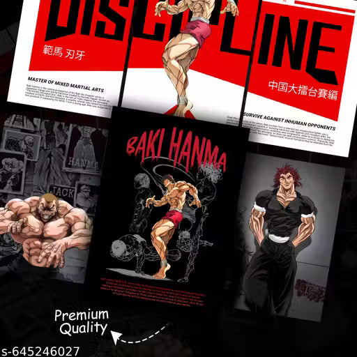 Baki Hanma Split Design Poster Set – Pack of 6 A4 Anime Art Prints (300 GSM, Unframed)