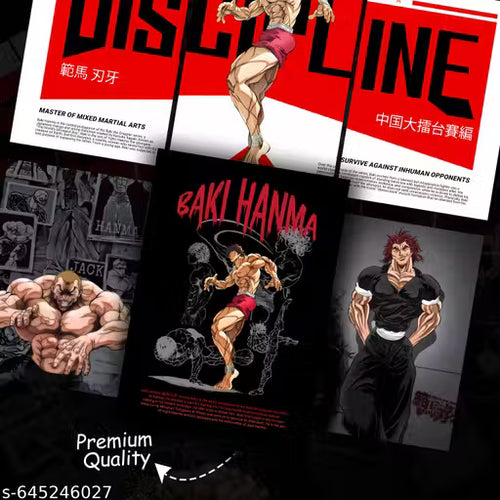 Baki Hanma Split Design Poster Set – Pack of 6 A4 Anime Art Prints (300 GSM, Unframed)