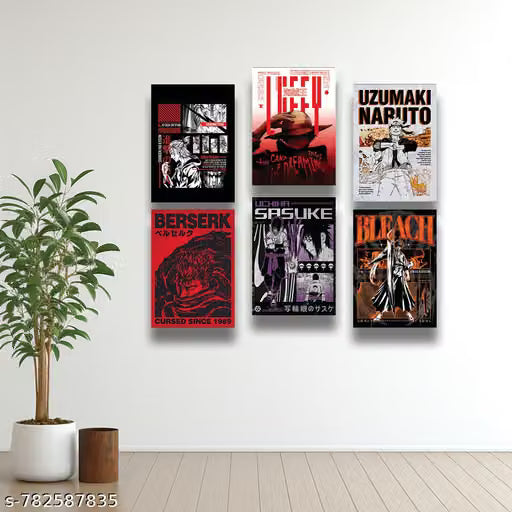Multi-Anime Motivational Wall Poster Set – Pack of 6 A4 Art Prints (300 GSM) with Free Glue Dots