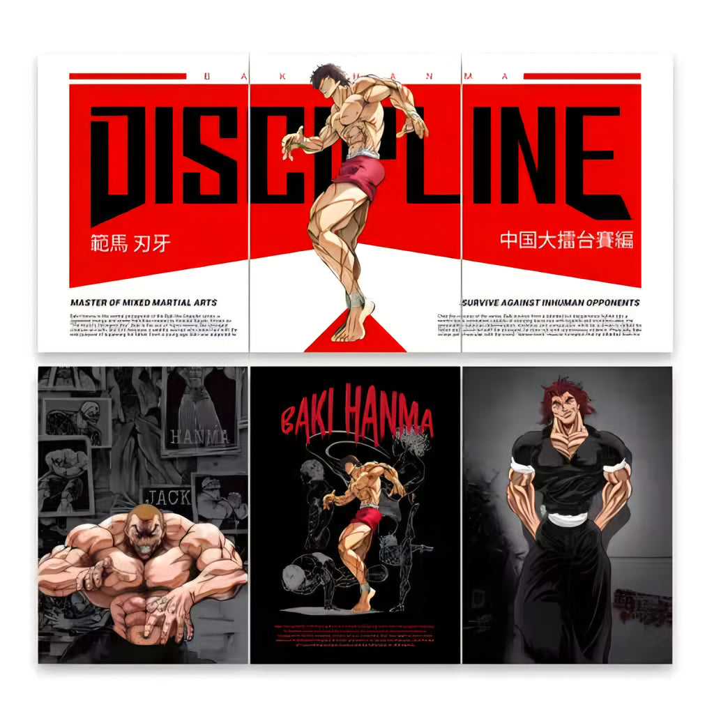Baki Hanma Split Design Poster Set – Pack of 6 A4 Anime Art Prints (300 GSM, Unframed)