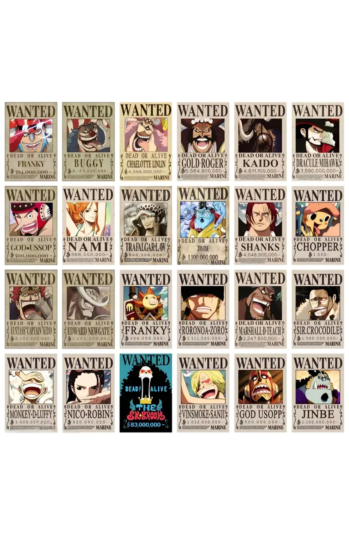 One Piece New Bounty Edition 24-Piece Mini Wanted Poster Set – Aesthetic Wall Art (4" x 6")