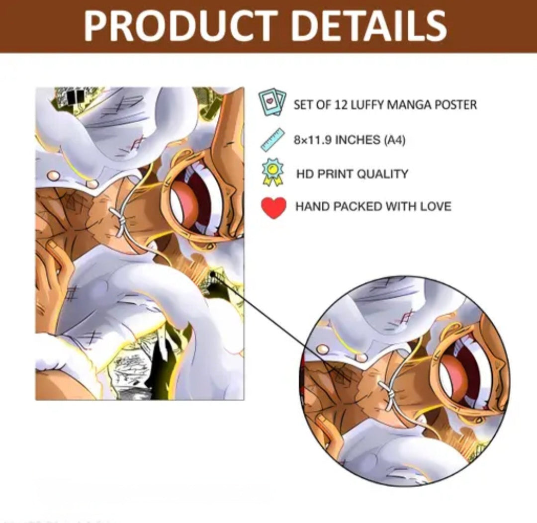 Luffy Gear 5 Anime Wall Art Poster Set of 12 | A4 Manga Style Panels | HD Quality Multicolor Room Decor