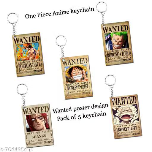 One Piece Anime Wanted Poster MDF Keychain Set of 5 – Luffy, Zoro, Ace & Shanks