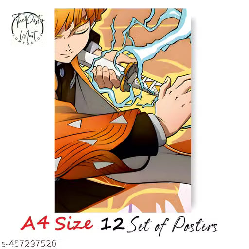 Zenitsu Thunder Breathing Manga Panel Wall Decor Pack – 12-Piece High-Definition A4 Poster Kit